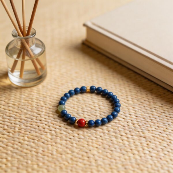 LuckyMoya Lapis Lazuli & Natural Jade Beaded Bracelet with Red Cinnabar Accent, Vintage Gold Spacers, Spiritual Calming Jewelry
