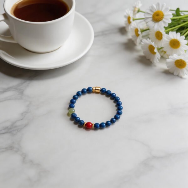 LuckyMoya Lapis Lazuli & Natural Jade Beaded Bracelet with Red Cinnabar Accent, Vintage Gold Spacers, Spiritual Calming Jewelry