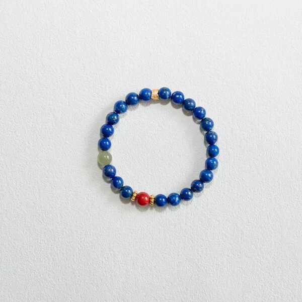 LuckyMoya Lapis Lazuli & Natural Jade Beaded Bracelet with Red Cinnabar Accent, Vintage Gold Spacers, Spiritual Calming Jewelry