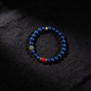 LuckyMoya Lapis Lazuli & Natural Jade Beaded Bracelet with Red Cinnabar Accent, Vintage Gold Spacers, Spiritual Calming Jewelry