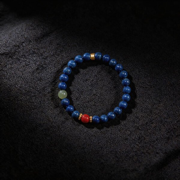 LuckyMoya Lapis Lazuli & Natural Jade Beaded Bracelet with Red Cinnabar Accent, Vintage Gold Spacers, Spiritual Calming Jewelry