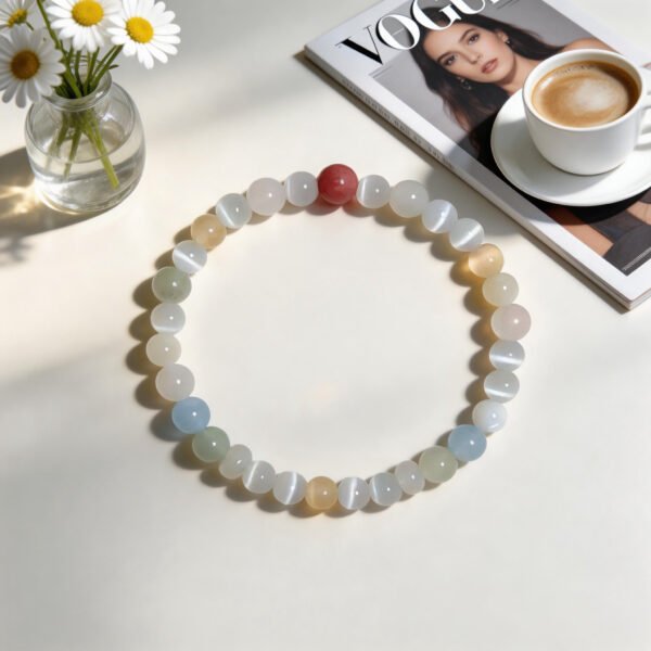 LuckyMoya Multi-Tone Pastel Cat's Eye Energy Bracelet with Rose Quartz Accent
