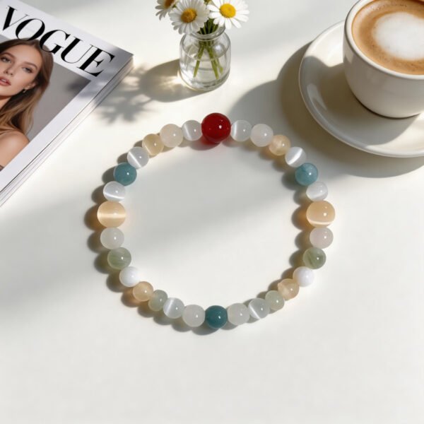 LuckyMoya Pastel Cat's Eye Energy Bracelet with Red Agate Accent | Healing Crystal Beaded Jewelry