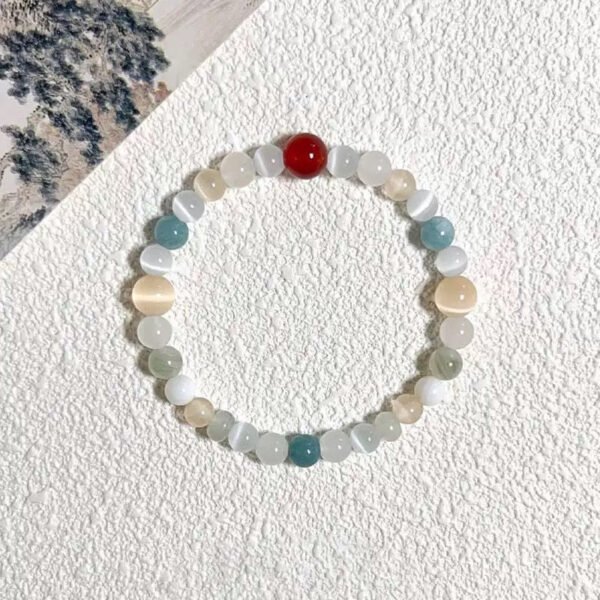 LuckyMoya Pastel Cat's Eye Energy Bracelet with Red Agate Accent | Healing Crystal Beaded Jewelry