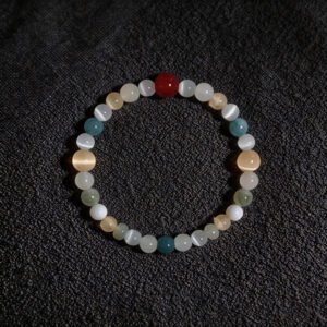 LuckyMoya Pastel Cat's Eye Energy Bracelet with Red Agate Accent | Healing Crystal Beaded Jewelry