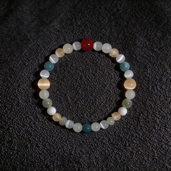 LuckyMoya Pastel Cat's Eye Energy Bracelet with Red Agate Accent | Healing Crystal Beaded Jewelry