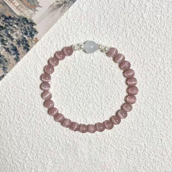 LuckyMoya Soft Pink Cat's Eye Energy Bracelet with Moonstone & Freshwater Pearls