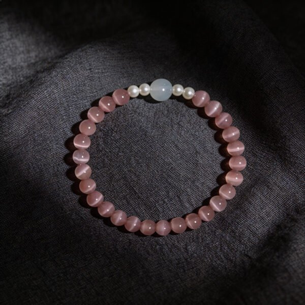 LuckyMoya Soft Pink Cat's Eye Energy Bracelet with Moonstone & Freshwater Pearls