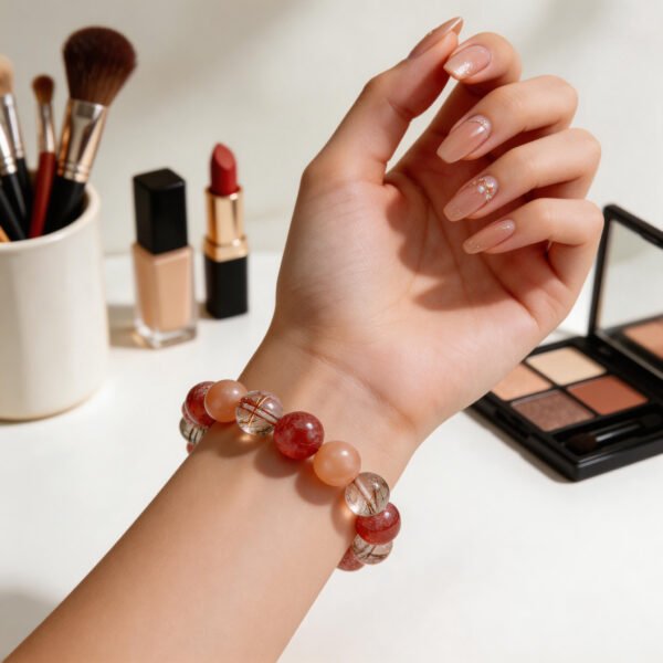 LuckyMoya Warm Red Crystal Energy Bracelet with Strawberry Quartz & Rutilated Quartz