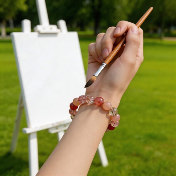 LuckyMoya Warm Red Crystal Energy Bracelet with Strawberry Quartz & Rutilated Quartz