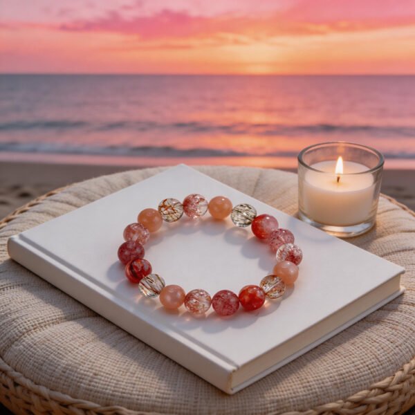 LuckyMoya Warm Red Crystal Energy Bracelet with Strawberry Quartz & Rutilated Quartz