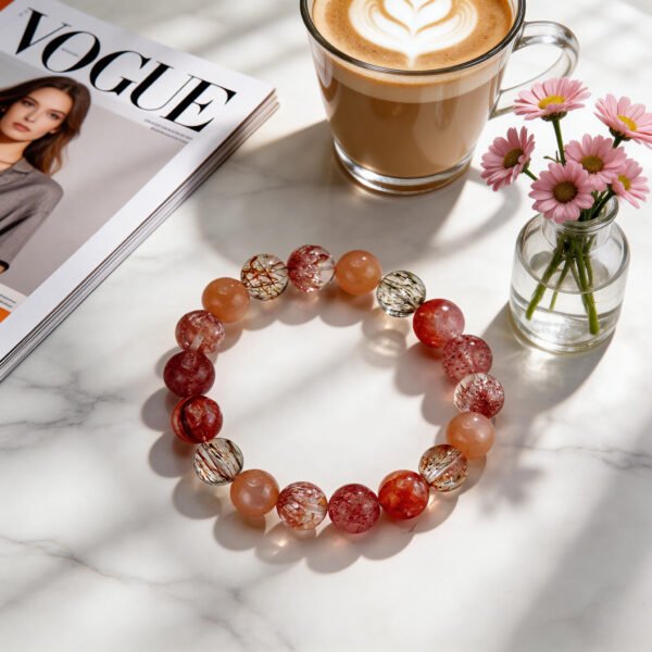 LuckyMoya Warm Red Crystal Energy Bracelet with Strawberry Quartz & Rutilated Quartz