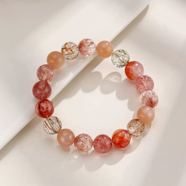 LuckyMoya Warm Red Crystal Energy Bracelet with Strawberry Quartz & Rutilated Quartz