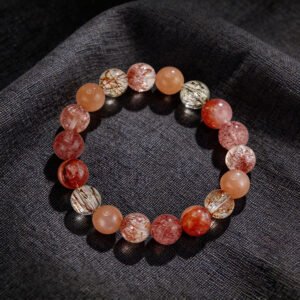 LuckyMoya Warm Red Crystal Energy Bracelet with Strawberry Quartz & Rutilated Quartz
