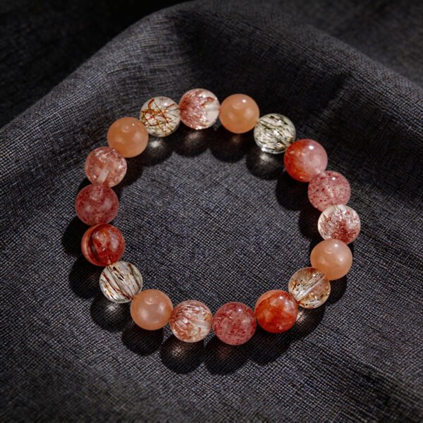 LuckyMoya Warm Red Crystal Energy Bracelet with Strawberry Quartz & Rutilated Quartz